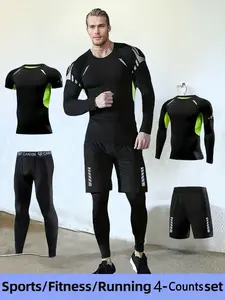 Men's Colorblock Compression Short Sleeve Tee & Long Sleeve Tee & Leggings & Shorts Sportswear Set, Lightweight Compression Sportswear, Breathable Quick Drying Tracksuit Set, Men's Sportswear Set for Gym Workout Running