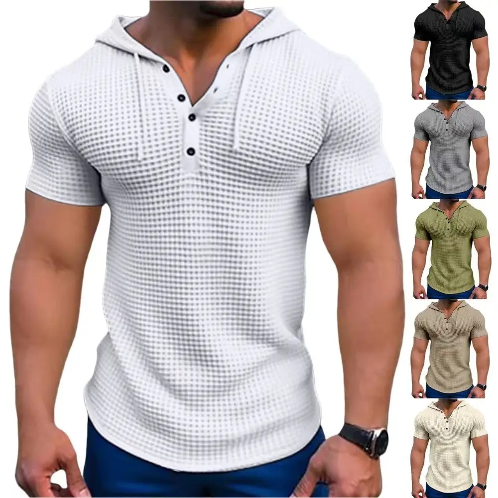 Men's Casual Beach Slim Short Sleeve Pullstring Hooded Pullover Sweatshirt, Plain Menswear Tops