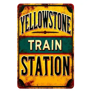 Yellowstone Train Station" Vintage Metal Sign - 8x12 Inch, Rustic & Waterproof Wall Art for Home, Garage, Bar, Farmhouse Decor, Metal Wall Art Decor