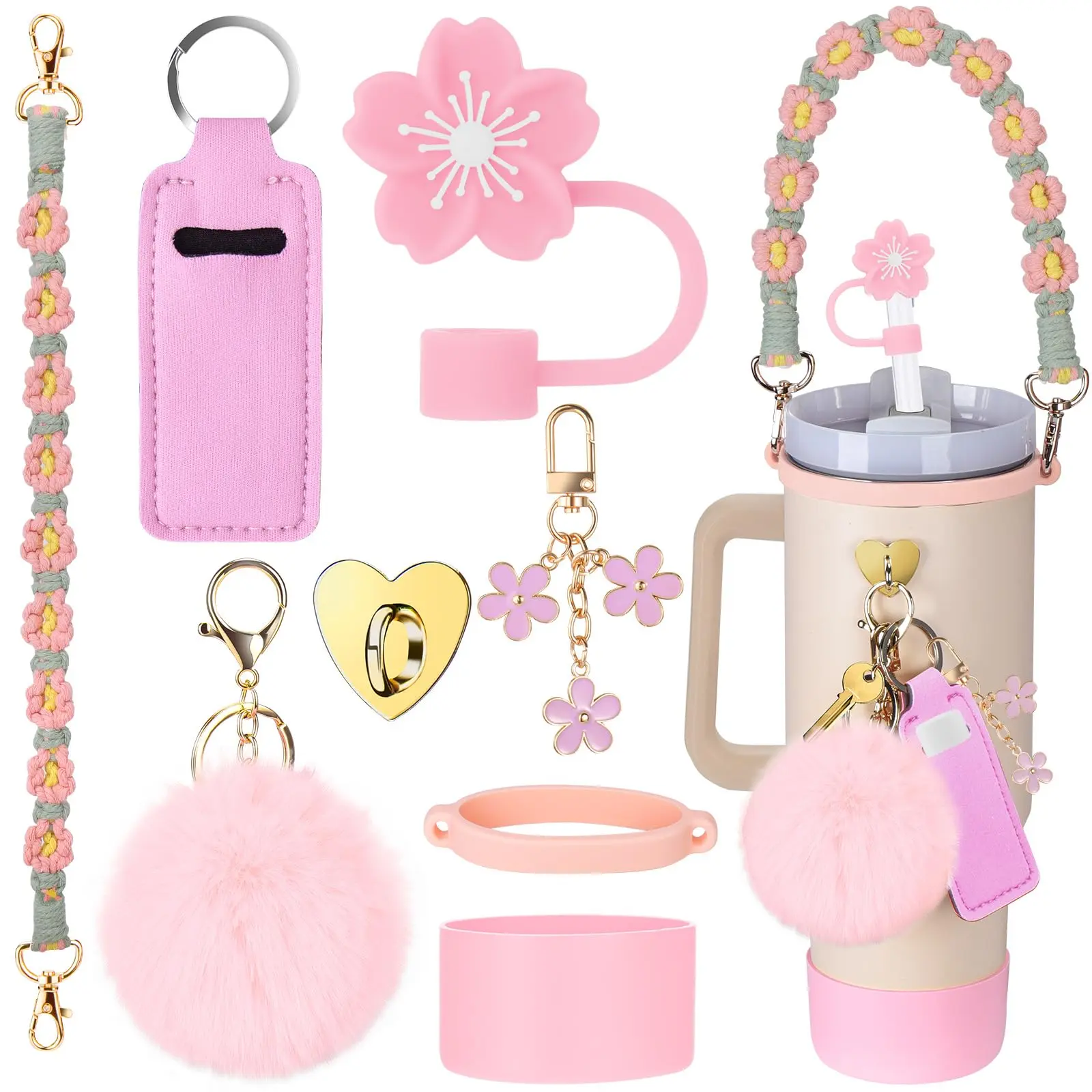 8pcs Cup Accessories For 30oz 40oz Tumbler With Handle  Including Water Bottle Strap Chapstick Holder Boot Charms Straw Topper Cover Cap Stanley( Pink Green