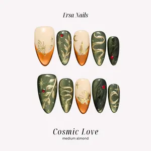 ErsaNails COSMIC LOVE - Medium Almond 10 PCS Handmade Press On Nails | Handpainted, French Tip & Cat Eye