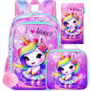 F-CPB02 3PCS Unicorn Backpack for Girls, 16 Inch Kids Water Resistant Preschool Bookbags with Lunch Box, Cute Ballet Elementary School Backpacks for Kindergarten Toddler Travel