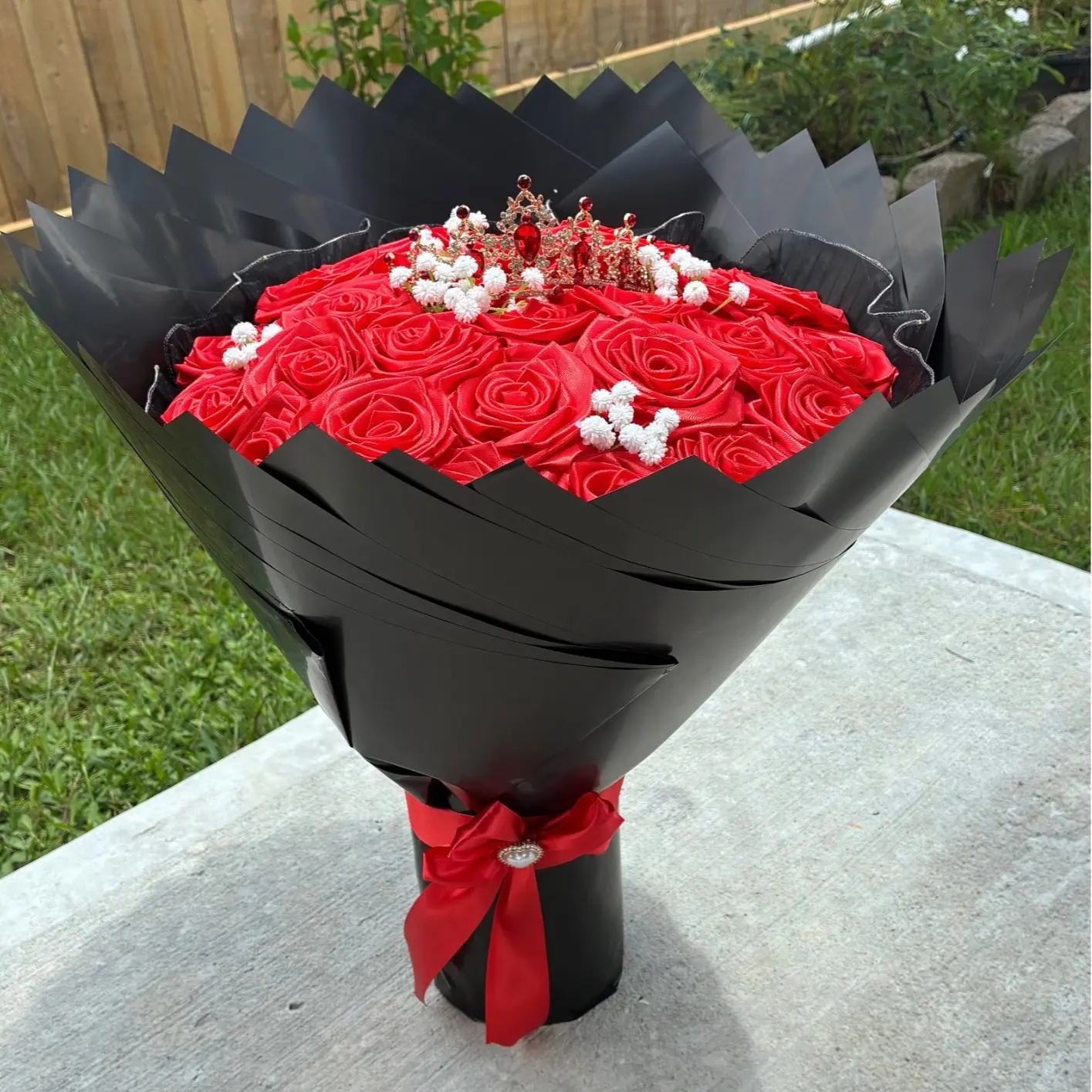 30 Eternal Red Rose Bouquet with Black Wrapping and Red Ribbon for Special Occasions