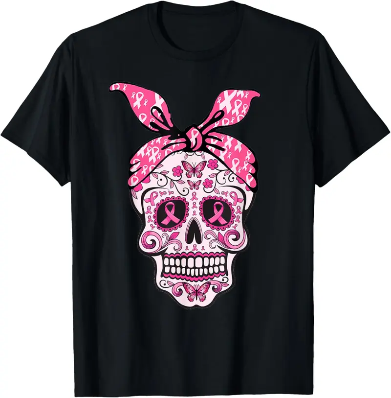 100% Cotton Unisex Sugar Skull Pink Ribbon Bandana Calavera Breast Cancer T-Shirt