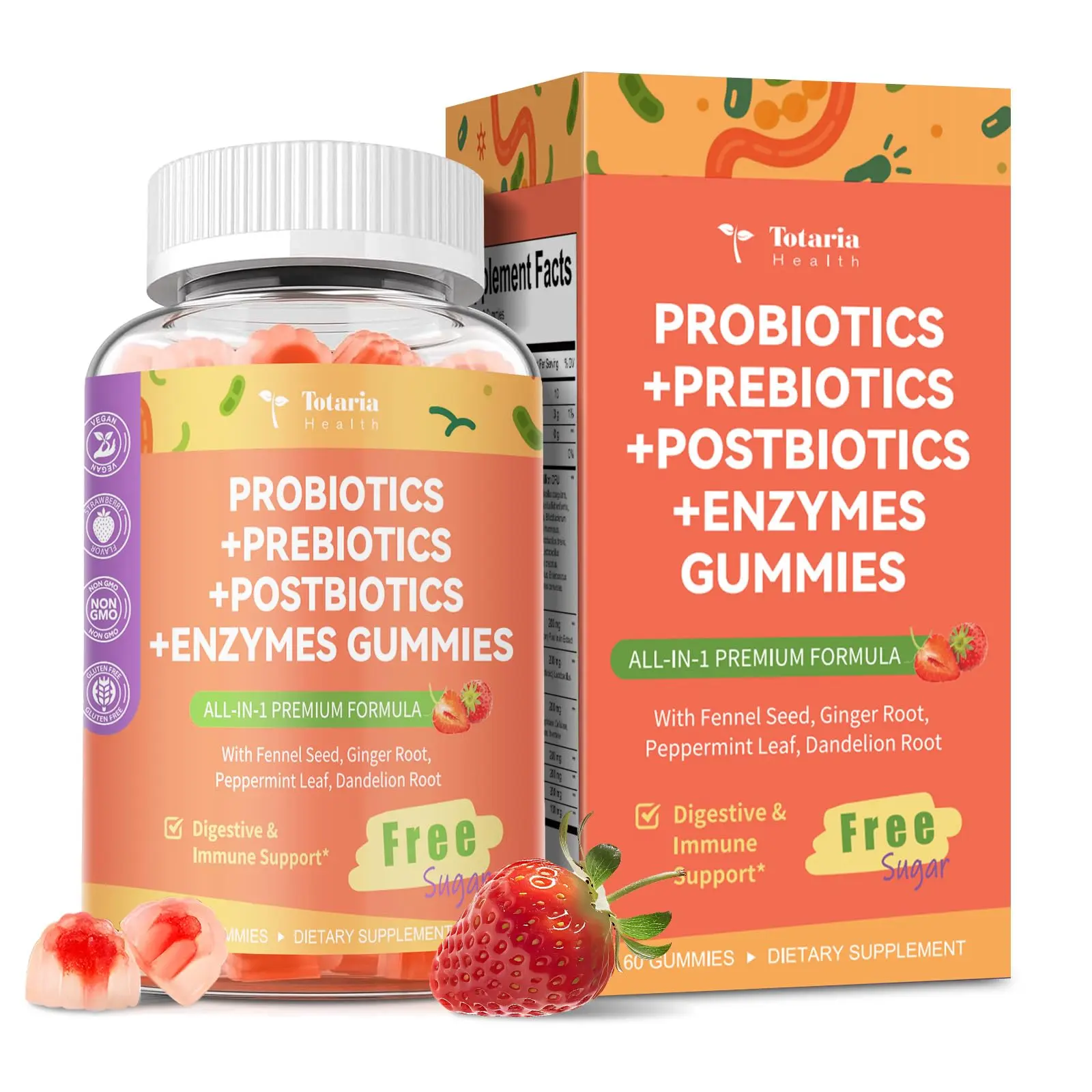 Totaria Sugar Free 5-in-1 Probiotic Prebiotic Postbiotic Gummy, Probiotics with Digestive Enzymes, Peppermint, Complete Immune, Gut & Digestive Support, Vegan, 60 Cts, Strawberry Flavor