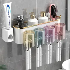 1 Set Toothbrush Holder With 4 Cups And Toothpaste Dispenser, Creative Toothbrush Storage Rack Mouthwash Cup Wall Mounted Bathroom Organizer, Toothbrush Protector
