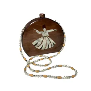 Handmade Walnut Wood Handbag with Mother of Pearl Inlay, Whirling Dervish Design – Authentic Middle Eastern Craft