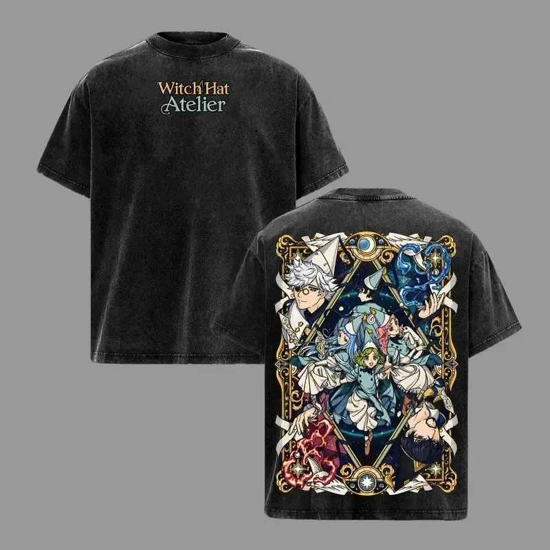 Menswear Unisex Oversized Short-Sleeve Witch Hat Atelier Graphic Tee - Heavyweight Cotton Vintage Washed Top, Magic Academy Fantasy Manga Streetwear Acid Wash Shirt Crewneck Tshirt