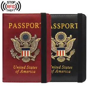 RFID Blocking Passport Holder with US Metal Emblem Multi-Card Slot Elastic Band Travel Wallet for Passport & Cards PU Leather Organiser