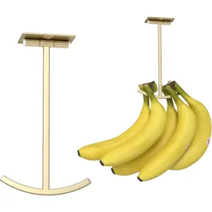 2-Pack Adhesive Banana Hooks Under Cabinet: Hold 20 Bananas, Banana Hanger Under Counter, Foldable Banana Hooks, Banana Holder for Hanging Bananas, Folds Up with Magnet When Not In Use - Gold