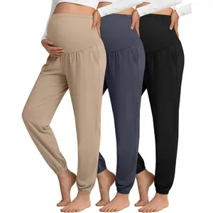 3 Pack Women's Maternity Pants Maternity Jogger Sweatpants Over The Belly Stretchy Pregnancy Pants with Pockets(Khaki,Haze Blue,Black,Small)