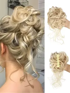 10-Inch Curly Wavy Claw Clip Ponytail Extension Hair for Women Short Synthetic Hairpiece Natural Soft Updo Honey Blonde with Highlights Perfect for Parties Holidays