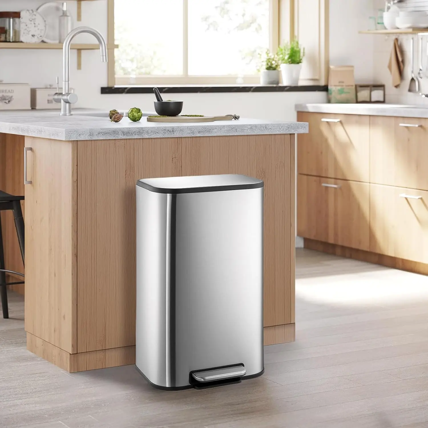 Gaomon Smudge-Proof Steel Kitchen Waste Bin - 8 gal (30 L) Rectangular Silent Trash Can with Foot Pedal Lid, Hidden Back Handle, Odor-Locking Design, Removable Inner Bucket, 14.4 in L x 11.5 in W x 24 in H for Home, Office