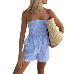Women's Summer Outfit - Blue Striped Ruched Bandeau & Elastic Loose Shorts - Polyester Ruffled Suits - Fashionable Club Streetwear - Comfortable & Stylish