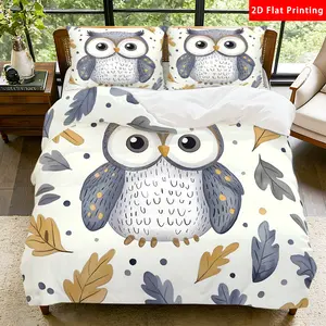 2/3 Pcs 2D Flat Forest Themed Owl Duvet Cover Set, Owl Leaves Bedding Set Quilt Cover 1 Duvet Cover + 1/2 Pillowcases, Nature Inspired Top Sheet Decorative Bedding Bedroom Decor