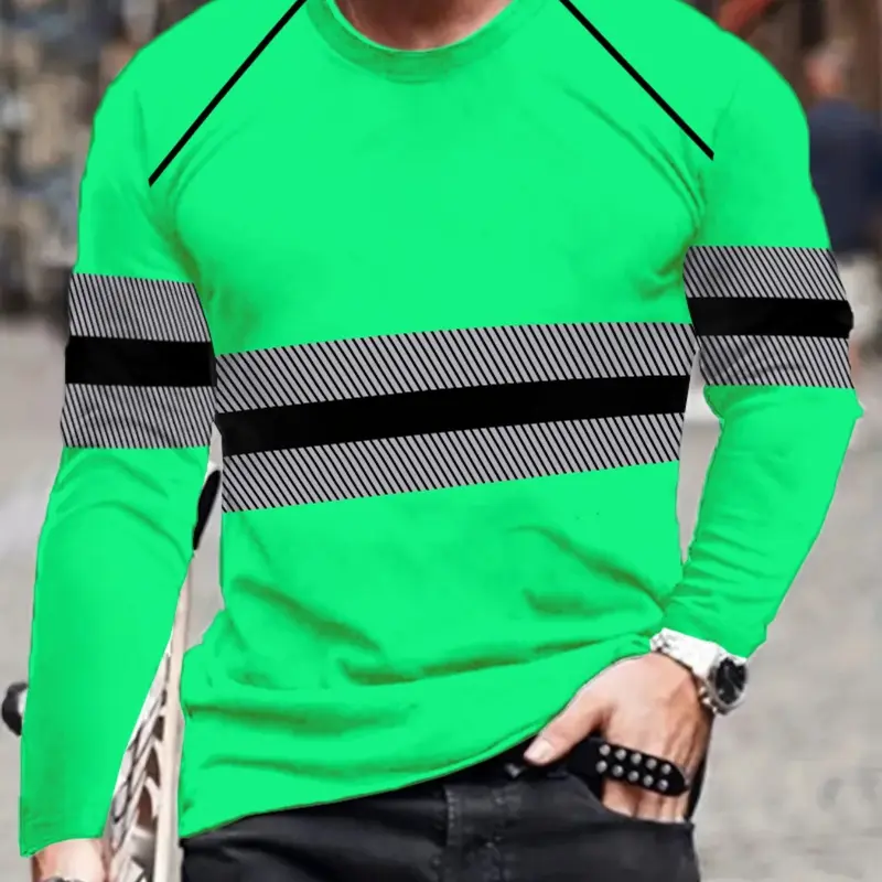 Men's Fashion Simple Best Fit Design 3D Striped Print Round Neck Long Sleeve T-Shirt, Comfortable Breathable Versatile Streetwear, Casual All Seasons Top