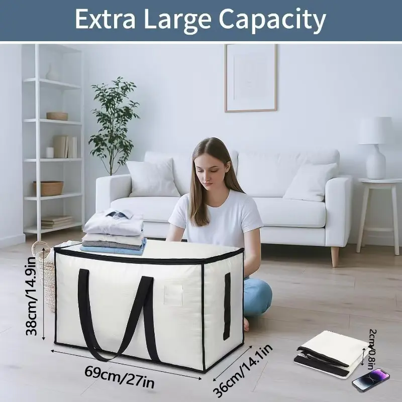 Set of 6 large-capacity, transparent, thick plastic foldable storage bags with zippered lids. These sturdy, durable, high-capacity organizers are ideal for home use, camping, travel, attics, dorm rooms, and moving. Thickened and waterproof.