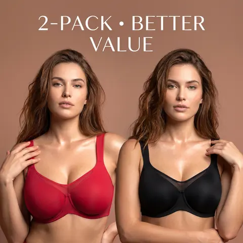 HSIA Women's Plus-Size Underwire Floral Print Bra 2-Pack - Fabric, Seamless, Mesh, Everyday Fit, Cool Cardi Comfort, Smoothing, No Padding, Wide Strap, Full Coverage, Unlined Minimizer T-Shirt Bra