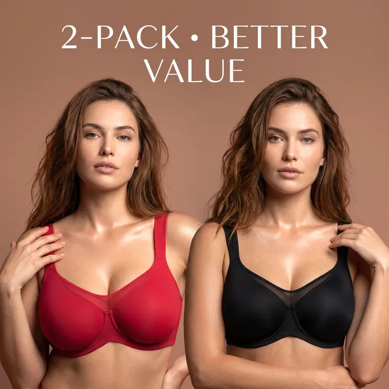 HSIA Women's Plus-Size Underwire Floral Print Bra 2-Pack - Fabric, Seamless, Mesh, Everyday Fit, Cool Cardi Comfort, Smoothing, No Padding, Wide Strap, Full Coverage, Unlined Minimizer T-Shirt Bra