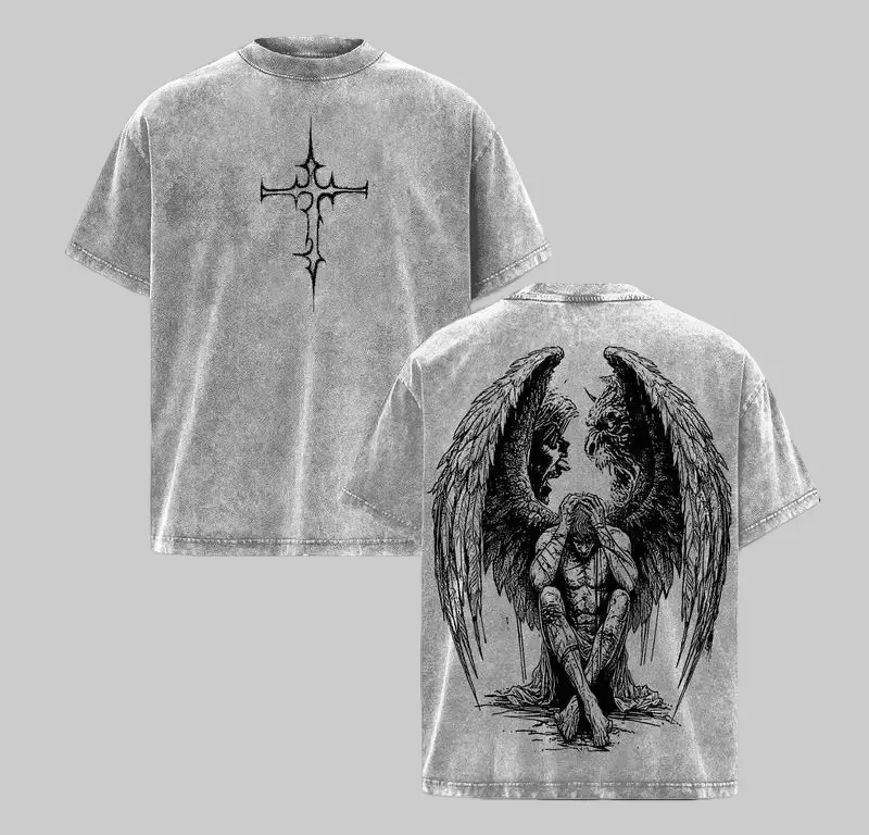Tormented Angel T-Shirt Washed , Fallen Dark Angel Oversized Tee, Gothic Angel of Despair Shirt, Heavyweight Cotton Washed Heaven and Hell Streetwear Angel vs Demon Art Jesus Apparel Christ the Savior
