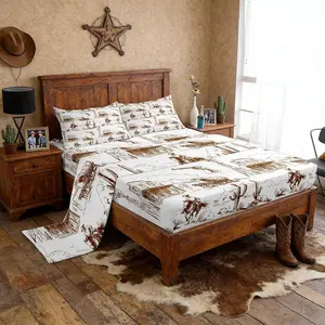 Western Cowboy Bed Sheet,Sketch Rustic Farmhouse Cabin Top Flat Sheet Vintage Desert View Bedding Set for Kids Boys Men Teens Room Decor Brown White Fitted Sheet