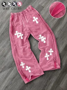 Unisex style, urban-inspired straight-leg pants, Casual Streetwear Trousers, with a cross-stitch print, made of washed cotton fabric, soft and comfortable, hip-hop trendy, suitable for all ages and can be worn throughout the year.