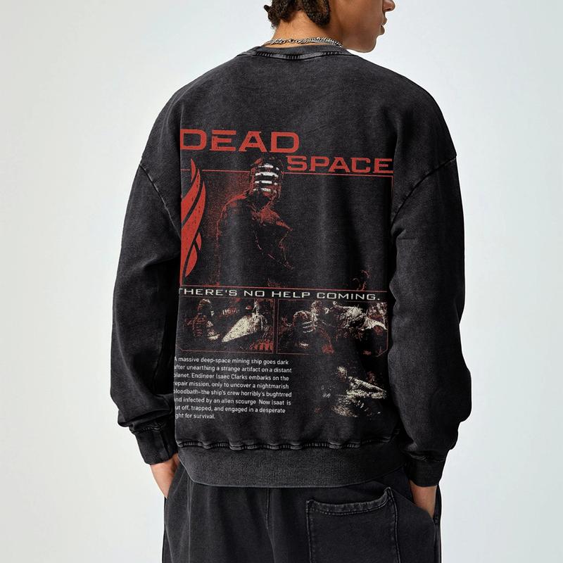 Vintage - inspired Washed Hoodless Sweatshirt with Dead Space Motif Heavy - Duty Washed Sweatshirt with Dead Space Design