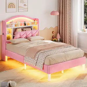 ADORNEVE Twin Size Bed Frame - Princess Velvet Upholstered Platform Bed for Girls, with LED Lights, Headboard Featuring Charging Station, Guardrail and Crystal Buttons, No Box Spring Needed