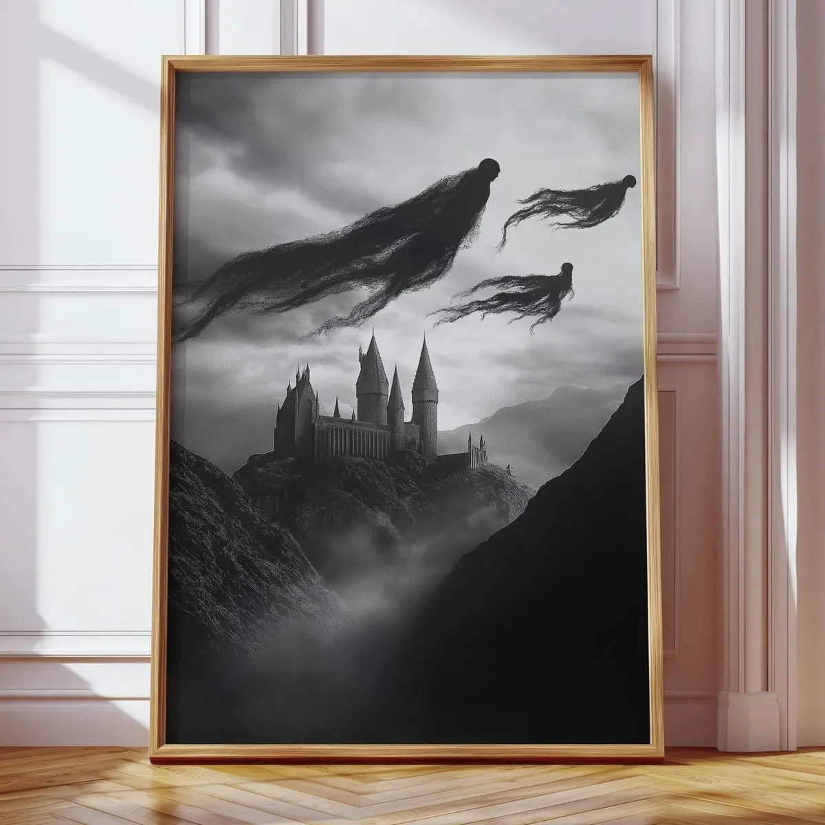Flying Dementors Wall Art, Dark Academia Wizard Castle Poster, Moody Halloween Print for Wizard Fans, 5 Size, 8x12 to 27x40 inch, Room Decor, Unframed