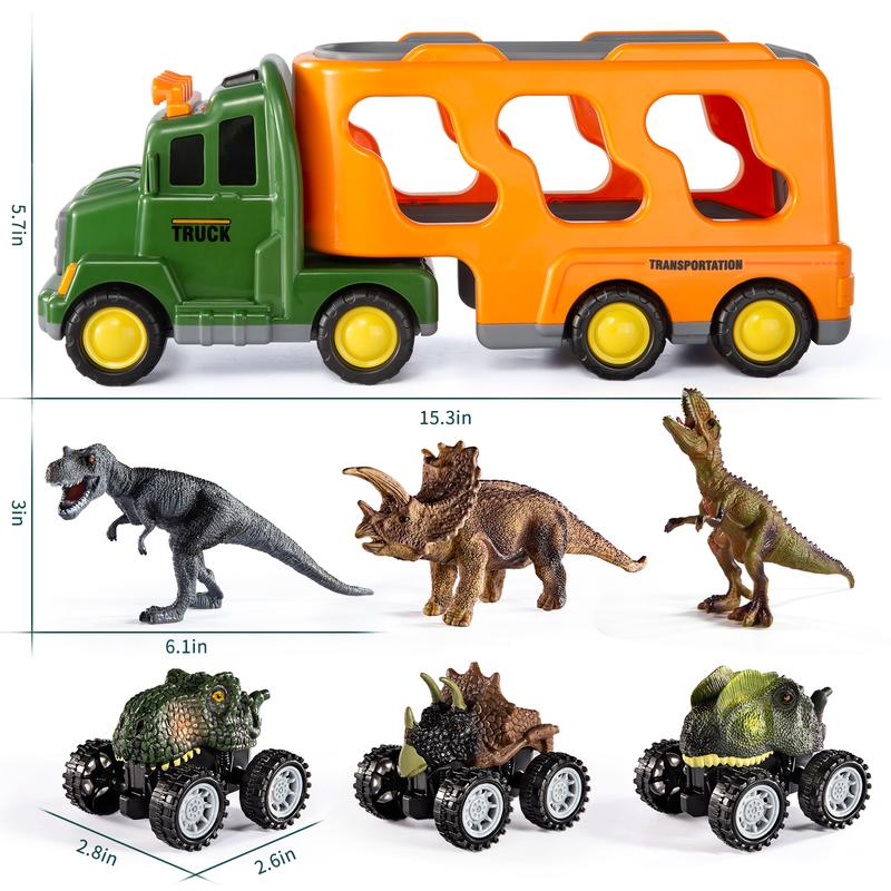 7 In 1 Dinosaur Transporter Truck CarToy Set with Mini Dinos & Cars,Light & Sound,Christmas Birthday Gift