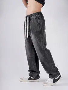 Men's Loose Fit Denim Jeans with Drawstring Waist and Pockets, Comfortable No Elastic Fabric for Daily Casual Wear,  Size Up for Relaxed Fit