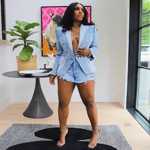 Slim-fit Double-breasted Lion-buckle Denim Suit Jacket Tops Clothes