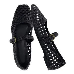CUSHIONAIRE Weston Women’s Hand Woven Dressy Ballet Flats – Faux Leather Mary Jane with Adjustable Strap & Memory Foam Black Woven 9W