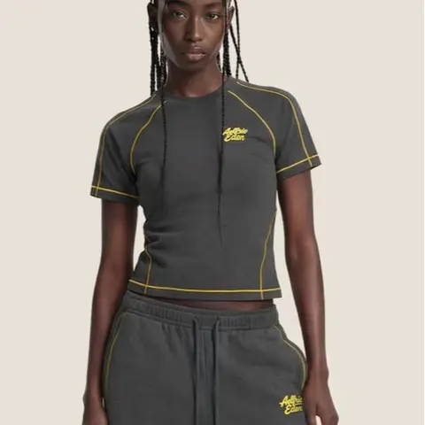Aelfric Eden Cloud Slim Sweat Set Contrast Yellow Stitching Fitted Tee & Baggy Pants Casual Two-Piece Streetwear,summeroutfits,vacationoutfits,bathingsuitwomenset,beachoutfits Drawstring, Women's Clothes, Matching Sets For Women