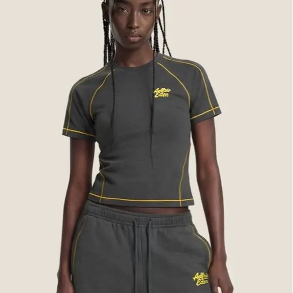 Aelfric Eden Cloud Slim Sweat Set Contrast Yellow Stitching Fitted Tee & Baggy Pants Casual Two-Piece Streetwear,summeroutfits,vacationoutfits,bathingsuitwomenset,beachoutfits Drawstring, Women's Clothes, Matching Sets For Women