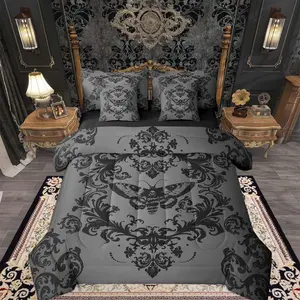 Adults Black Grey Vintage Damask Floral Queen Comforter Set with Sheets Gothic Death Moth Skull 7 Pieces Bedding Set Oriental Antique Bed in a Bag Room Soft Microfiber