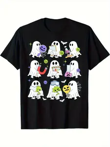 Retro Halloween Science Teacher Laboratory T-shirt-Ghost Classroom and Experimental Equipment Pattern-Soft and Breathable Cotton Top, Suitable for Halloween Party and Dress-up Comp, for men, Christmas Eve, outdoor activities, unisex fit