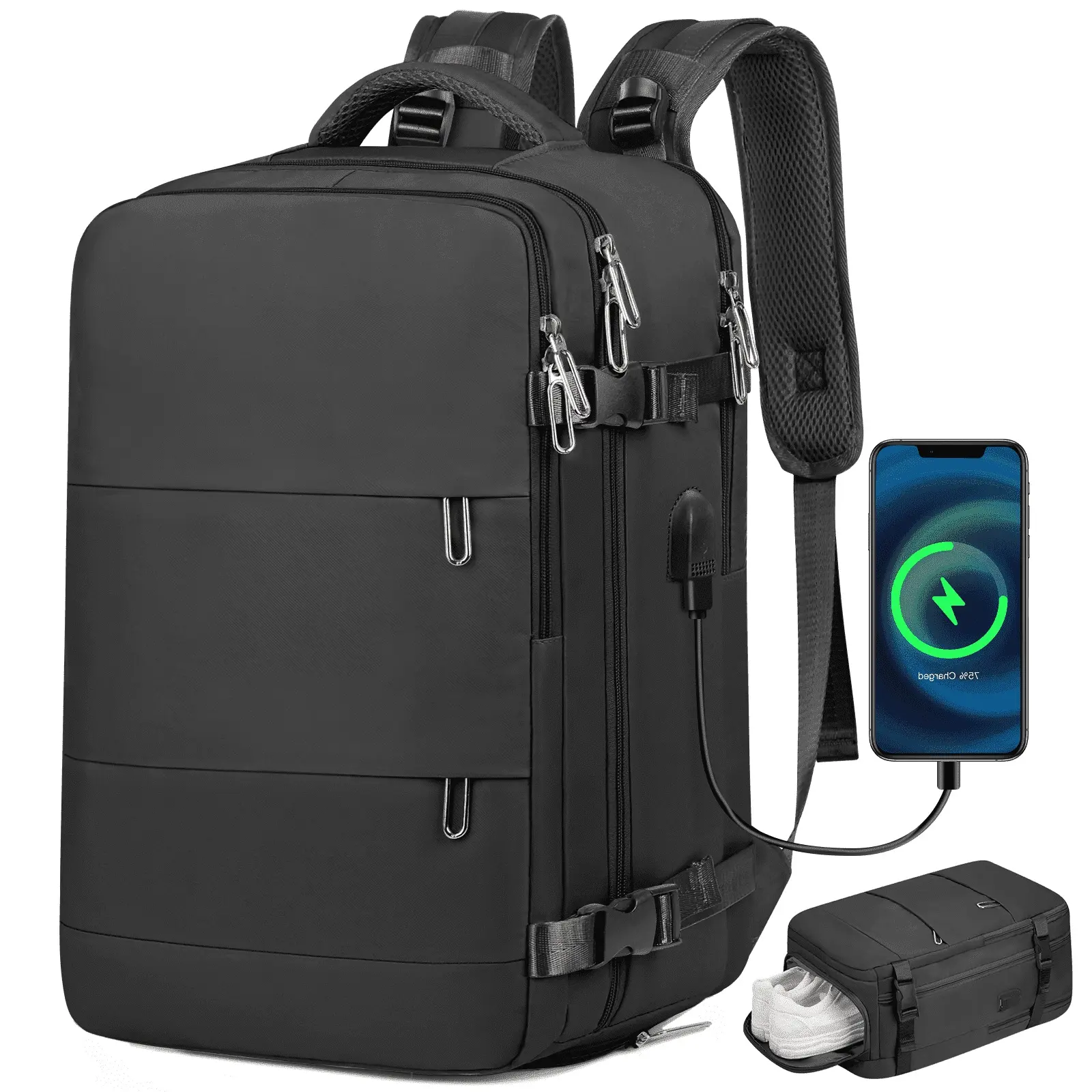 17.7" Travel Backpack with USB Port & Shoe Compartment, TSA-Approved Laptop Carry On Backpack, Waterproof Large Daypack Travel Bag for Women Men Weekender Trips, Business & Hiking, Black