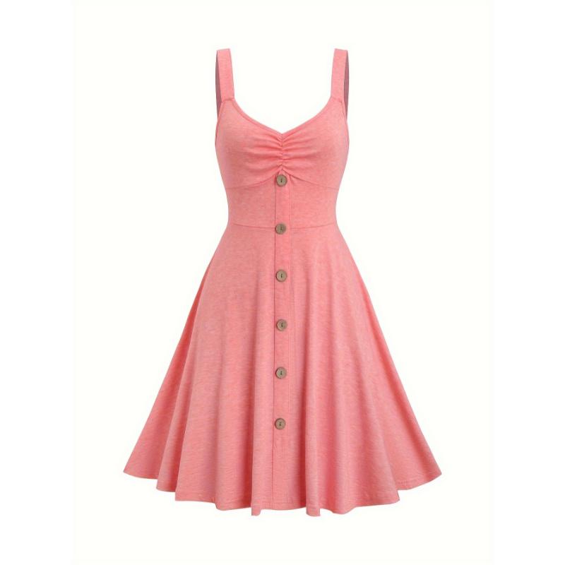 Light Pink Chic V-Neck Sleeveless Dress - A-Line Flare with Decorative Buttons & Ruched Detail, Polyester Blend, Machine Washable, Perfect for Spring/Summer/Fall  Casual Collar Fabric Womenswear Spandex Comfort Strap Strappy Women's Elegant Loose Midi hem