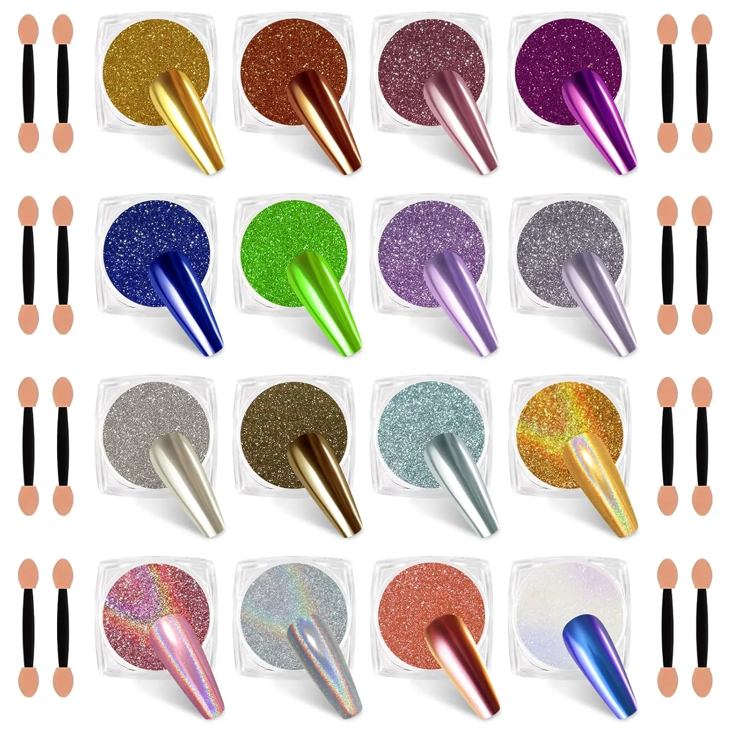 16 Jars Chrome Nail Powder Nail Art Glitter Decoration Metallic Mirror Effect Holographic Aurora Chameleon Pigment Powder Kit 0.35g/Jar for Resin Craft & Nail Art