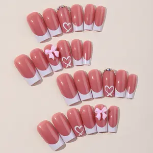 24Pcs Handmade Press On Nails Medium Long French Tip 3D Bows Hearts| Reusable Fake Nails with Rhinestones| Spring 2026 Coquette Aesthetic