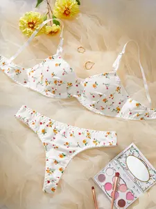 Women's Fashionable, Exquisite, Elegant & Sweet Floral Printed Underwire Bra Set with Skin-Friendly and Comfortable Fabric
