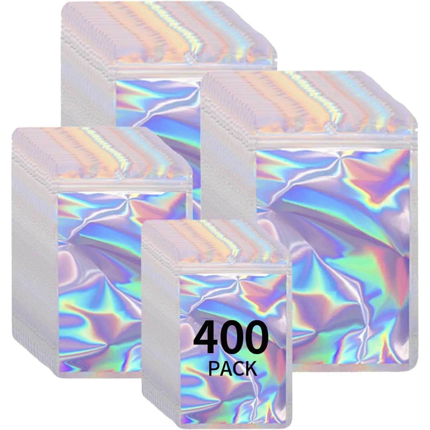 400 Pack 4 Sizes Resealable Mylar Holographic Bags  Storage Smell Proof Bags with Front Window Foil Packaging Pouch for Sample  Small Business (Holographic,3x4.7,3.1x5.5,4x 6,4.7x 7.9in)