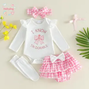 Baby Girls 4 Piece "I Know I'm Adorable" Outfit Set, Ruffle Bodysuit, Pink Gingham Bloomers, Headband & Socks, Cute Coquette Clothes for Newborn Photoshoot, Soft Cotton