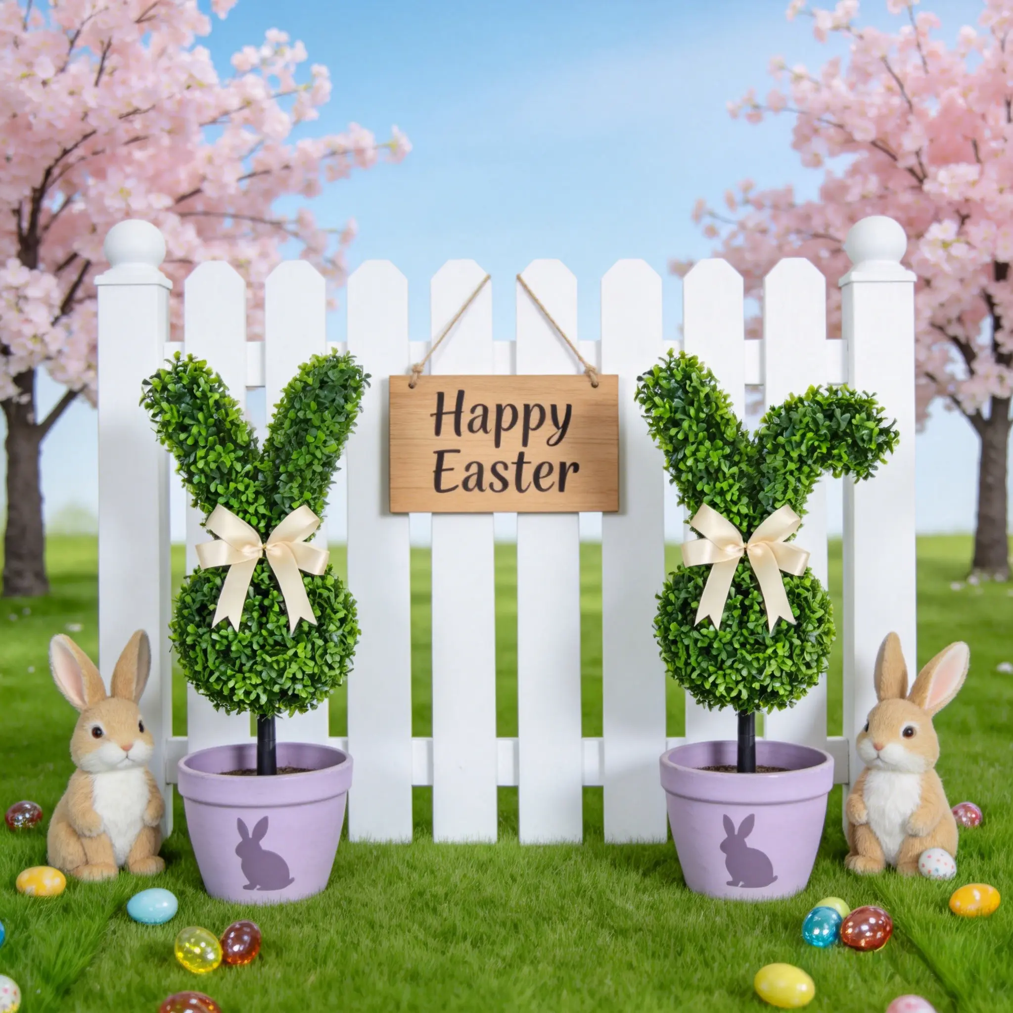 Easter Bunny Shaped Artificial Material Pruned Tree, Cute Rabbit Topiary with Bow, Perfect for Front Door Courtyard Garden Decor, Versatile Decoration