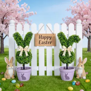Easter Bunny Shaped Artificial Pruned Tree, Cute Rabbit Topiary with Bow, Perfect for Front Door Courtyard Garden Decor, Versatile Decoration