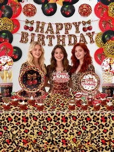 Cherry Leopard Print Birthday Party Set, Cake Topper, Paper Plates, Cups, Napkins, Tablecloth, Fashionable Party Decorations