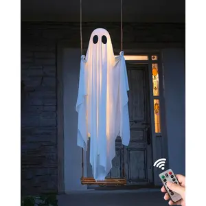Halloween Decorations Outdoor - 5 FT Large Hanging Swing Ghost Halloween Decor with String Lights, Spooky Cute Ghosts Decorations  Front Porch Yard Tree