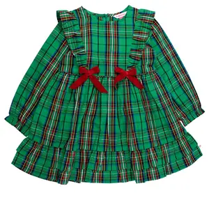 RuffleButts Toddler Girls Woven Long Sleeve Waterfall Bow Dress - Green Nicholas Plaid, 4T