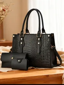 Crocodile Pattern Handbag, Simple Solid Color Women's Bag, Casual Handbag Satchel, Daily Commute Shoulder Crossbody Bag, Multiple Colors Available, Large Capacity